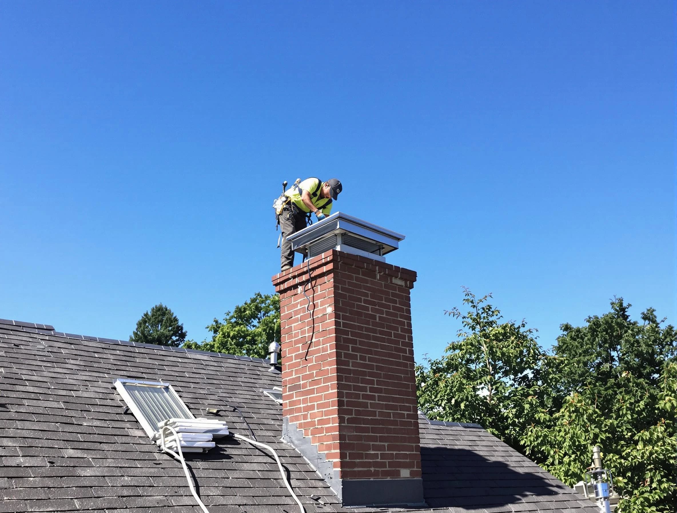 Castle Shannon Chimney Sweep technician measuring a chimney cap in Castle Shannon, PA